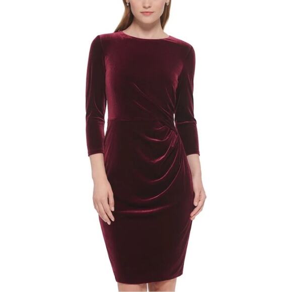NWOT Eliza J Ruched Mini Sheath Burgundy Cocktail Dress - Sz 6 - Picture 2 of 8